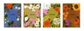 Floral cards set. Four seasons posters with winter, spring, summer, autumn flowers, delicate plants, blooming Royalty Free Stock Photo