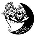 Floral carnival mask and moon black vector silhouette Royalty Free Stock Photo