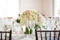 Floral centerpiece on wedding reception table Royalty Free Stock Photo
