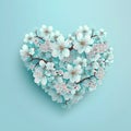 Floral cherry blossom heart on blue. Spring, love, nature concept