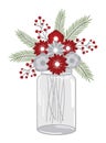 Floral Christmas Bouquet In Mason Jar. Vector Christmas Flowers Bunch in Glass Vase Royalty Free Stock Photo