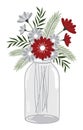 Floral Christmas Bouquet In Mason Jar. Vector Christmas Flowers Bunch in Glass Vase