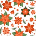 Floral Christmas seamless pattern with poinsettia, tree branch and various flowers.