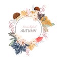 Floral circle background. Raster round autumn illustration with flowers, leaves,