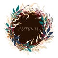 Floral circle background. Round autumn illustration with leaves, herbs and berries. Royalty Free Stock Photo