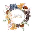 Floral circle background. Round autumn illustration with leaves, herbs and mushrooms. Royalty Free Stock Photo