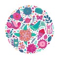 Floral circle with doodles flowers. Round shape Royalty Free Stock Photo