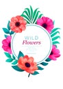 Floral circle frame. Tropical flowers trendy template. Design with beautiful flowers and palm leaves with copy space on Royalty Free Stock Photo