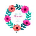 Floral circle frame. Tropical flowers trendy template. Design with beautiful flowers and palm leaves with copy space on