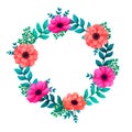 Floral circle frame. Tropical flowers trendy template. Summer Design with beautiful flowers and leaves with copy space Royalty Free Stock Photo