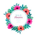 Floral circle frame. Tropical flowers trendy template. Summer Design with beautiful flowers and leaves with copy space Royalty Free Stock Photo