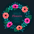 Floral circle frame. Tropical flowers trendy template. Summer Design with beautiful neon flowers and leaves with copy Royalty Free Stock Photo