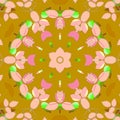 Floral circle ornament blossoms and leaves pink violet green on ocher brown Royalty Free Stock Photo