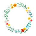 Floral circle wreath with cute flowers. Watercolor hand painted border