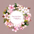 Floral circle wreath with pink flowers - apple, cherry blossom for greeting card. Aquarelle Royalty Free Stock Photo