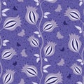 Floral climber and butterflies seamless vector pattern background. Climbing flowers on vine backdrop in periwinkle
