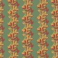 Floral climber seamless vector pattern background. Climbing foliage backdrop in sage green ochre. Stripe effect vertical