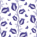 Floral climbers and butterflies seamless vector pattern background. Climbing flowers on vine backdrop in periwinkle