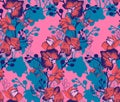 Floral colored seamless pattern with Orchids, Phalaenopsis flowers on purple background. Royalty Free Stock Photo