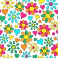 Floral colorful seamless pattern. Flowers, hearts and polka dots. Doodle. Groovy.