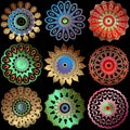 Floral colorful vector mandalas patterns. Ornamental round Baroque and ethnic style mandalas set. Arabesque flowers. Vintage Royalty Free Stock Photo