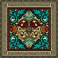 Floral colorful vintage damask seamless pattern with square ancient greek key meanders frames, borders. Ornamental beautiful