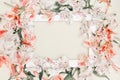 Floral composition with alstroemeria flowers and white frame on pastel background. Nature concept. Top view. Flat lay