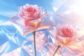 Floral composition with beautiful crystal roses. Two pink translucent flowers against the sky. Generated by AI