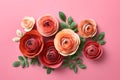 Floral composition in a beautiful paper cut style design. Pink background with colorful roses and green leaves. Created using Royalty Free Stock Photo