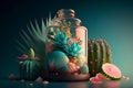 Floral composition with cacti and succulents in a glass jar. Concept of floriculture. Generative AI