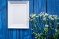 Floral composition with camomile and frame on blue wooden background flat lay mockup Royalty Free Stock Photo