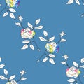 Floral composition on blue background. Seamless pattern.