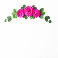 Floral composition made of pink roses and green leaves on white background. Flat lay, top view. Flower background Royalty Free Stock Photo