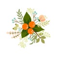 Floral composition with oranges flowers twigs and berries in pastel colors. Holiday card template design element