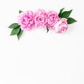 Floral composition of pink peonies flowers and petals on white background. Flat lay, Top view. Valentines day composition Royalty Free Stock Photo