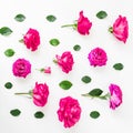 Floral composition of pink roses, petals and peonies on white background. Flat lay Royalty Free Stock Photo