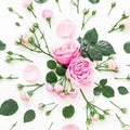 Floral composition with roses flowers, leaves and buds on white background. Flat lay, top view. Flower background Royalty Free Stock Photo