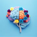 Human brain with blooming flowers, mental health concept, positive thinking, creative mind. Generative AI illustration