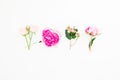 Floral concept of pink peony and roses flowers on white background. Flat lay, top view