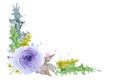 Floral Corner Frame Of Beautiful Purple Rose, Leaves And Colorful Watercolor Splashes Isolated On White Background. Hand Drawn