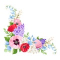 Floral corner with red, pink, purple and blue flowers. Vector illustration.