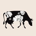 Floral cow silhouette. Vector illustration. Farm animal. Agriculture. Royalty Free Stock Photo