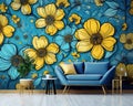 floral craft wallpaper with golden dark sky-blue and yellow flowers.