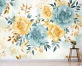 floral craft wallpaper with golden dark sky-blue and yellow flowers.