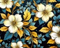 floral craft wallpaper with golden dark sky-blue and yellow flowers.