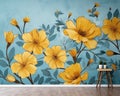 floral craft wallpaper with golden dark sky-blue and yellow flowers.