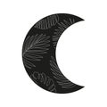 Floral crescent black on white. Tropical moon. Boho ornament element.