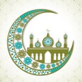 Floral crescent moon and mosque for Eid Mubarak. Royalty Free Stock Photo