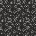 Floral cute vector beautiful line art seamless pattern with flowers, tulips, leaves, berries, branches. 8 march and