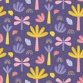 Floral cute vector seamless pattern with plants, palms, trees, bushes, stones, leaves